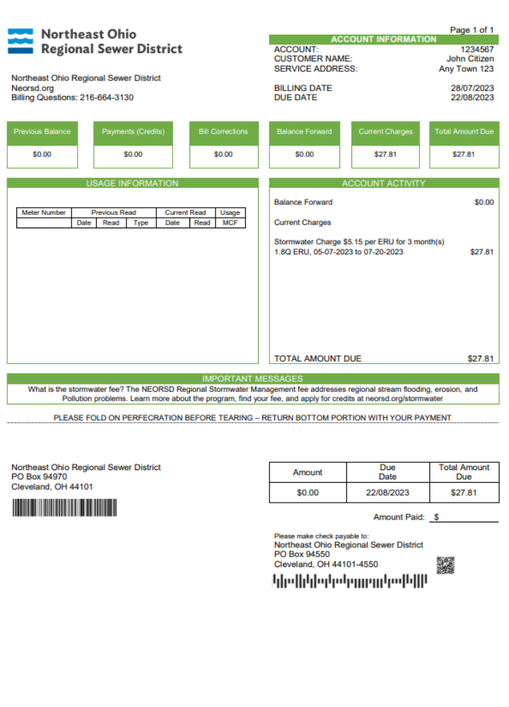 USA Northeast Ohio Regional Sewer District utility bill Word and PDF template